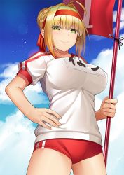 Rule 34 | 10s, 1girl, ahoge, bad id, bad pixiv id, blonde hair, blue sky, blush, braid, breasts, buruma, character name, closed mouth, clothes writing, cloud, colored eyelashes, commentary request, cowboy shot, day, fate/extra, fate/grand order, fate (series), flag, french braid, from below, green eyes, gym shirt, gym uniform, hair between eyes, hair bun, hair intakes, half-closed eyes, hand on own hip, headband, holding, holding flag, large breasts, legs apart, looking at viewer, name tag, nero claudius (fate), nero claudius (fate) (all), nero claudius (fate/extra), nero claudius (olympian bloomers) (fate), official alternate costume, outdoors, red headband, revision, shirt, sidelocks, single hair bun, sky, smile, solo, standing, thighs, umihotaru harumare, underwear, white shirt