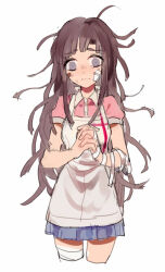 Rule 34 | 1girl, apron, bandaged arm, bandaged leg, bandages, bandaid, bandaid on cheek, bandaid on face, blue skirt, blunt bangs, blunt ends, buttons, collared shirt, commentary request, cropped legs, cross, cross print, danganronpa (series), danganronpa 2: goodbye despair, dirty, dirty face, eyelashes, fingernails, furrowed brow, interlocked fingers, long hair, looking at viewer, messy hair, miniskirt, nervous, own hands clasped, own hands together, pink shirt, pleated skirt, puffy short sleeves, puffy sleeves, purple eyes, purple hair, red cross, shirt, short sleeves, simple background, single bare arm, skirt, solo, straight-on, tearing up, tsumiki mikan, unagi (nakaelric), very long hair, white apron, white background