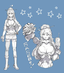 Rule 34 | 1girl, ;p, anchor, blue background, boots, breasts, burger, character sheet, collar, crop top, cup, disposable cup, elbow gloves, fingerless gloves, food, food on body, full body, gloves, gufu (guffuumu), hair between eyes, hand on own hip, hat, holding, holding food, iowa (kancolle), kantai collection, large breasts, long hair, looking to the side, miniskirt, monochrome, navel, one eye closed, shirt, sidelocks, skirt, star-shaped pupils, star (symbol), symbol-shaped pupils, thighhighs, tied shirt, tongue, tongue out, upper body