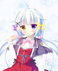 Rule 34 | 1girl, ahoge, black capelet, blush, bow, capelet, closed mouth, commentary request, copyright request, dress shirt, fingernails, hair bobbles, hair bow, hair ornament, hand up, heterochromia, high-waist skirt, highres, long hair, long sleeves, low twintails, pink bow, purple bow, purple eyes, red skirt, shirt, signature, silver hair, skirt, smile, solo, star (symbol), star hair ornament, striped, striped bow, twintails, very long hair, white shirt, x hair ornament, yellow bow, yellow eyes, yukatama