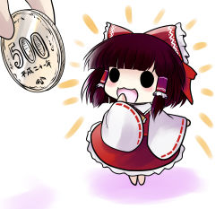 Rule 34 | 1girl, :3, :d, blunt bangs, chibi, coin, covering own mouth, female focus, hakurei reimu, hand over own mouth, mini person, minigirl, money, open mouth, revision, smile, solo, solo focus, touhou, yume shokunin
