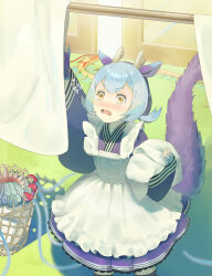 1girl absurdres apron arm_up basket bed_sheet blue_hair blush clumsy dragon_girl dragon_horns dragon_tail duel_monster frilled_apron frills hair_between_eyes highres holding holding_sheet horns japanese_clothes laundry_dragonmaid maid maid_apron mh_(ma_dbdbdb) on_grass orange_eyes paleozoic_pikaia solo tail wa_maid white_apron yu-gi-oh!