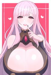 Rule 34 | 1girl, bare shoulders, black dress, black nails, blush, breasts, cleavage, detached sleeves, dress, finger to mouth, heart, highres, hololive, hololive english, huge breasts, long hair, looking at viewer, mori calliope, nail polish, open mouth, pink hair, red eyes, shiny skin, smile, solo, virtual youtuber, yoshiikirablr
