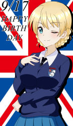 Rule 34 | 1girl, absurdres, bad id, bad pixiv id, black necktie, blonde hair, blue eyes, blue skirt, blue sweater, braid, closed mouth, commentary, darjeeling (girls und panzer), dated, dress shirt, emblem, english text, flag background, girls und panzer, hand on own chest, happy birthday, highres, long sleeves, looking at viewer, necktie, one eye closed, pleated skirt, school uniform, shadow, shirt, short hair, skirt, smile, solo, st. gloriana&#039;s (emblem), st. gloriana&#039;s school uniform, sweater, tanutika, twin braids, union jack, v-neck, white shirt, wing collar