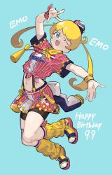 Rule 34 | 1girl, ;d, arm up, bike shorts, blonde hair, blue background, blue eyes, fugota6509, full body, happy birthday, hat, highres, kiratto pri chan, leg warmers, long hair, looking at viewer, midriff, mini hat, moegi emo, one eye closed, open mouth, pretty series, red shirt, red shorts, scarf, shirt, shoes, short sleeves, shorts, smile, sneakers, solo, star (symbol), star print, striped clothes, striped shirt, striped shorts, suspender shorts, suspenders, twintails, vertical-striped clothes, vertical-striped shirt, vertical-striped shorts, w, wristband, yellow scarf