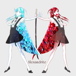 Rule 34 | 2others, 773, alexandrite (houseki no kuni), androgynous, artist request, dual persona, gem uniform (houseki no kuni), houseki no kuni, long hair, multiple others, necktie, overall shorts, overalls, sword, weapon