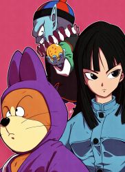 Rule 34 | 1girl, 2boys, absurdres, black eyes, black hair, blue skin, closed mouth, colored skin, dragon ball, dragon ball (classic), dragon ball (object), evil grin, evil smile, furry, furry male, grin, hat, highres, holding, liedein, long sleeves, mai (dragon ball), multiple boys, pilaf, red background, shuu (dragon ball), simple background, smile, snout