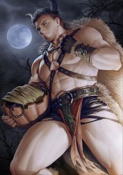 Rule 34 | abs, belt, brown hair, closed mouth, dorcas (fire emblem), facial hair, fire emblem, fire emblem: the blazing blade, fire emblem heroes, full moon, goatee, halloween, halloween costume, harness, highres, horns, jack-o&#039;-lantern, looking at viewer, male focus, moon, muscular, night, nintendo, nipples, official alternate costume, outdoors, pectorals, pelvic curtain, saolin (wudangx), shorts, solo, thighs, torn clothes, torn shorts, upper body