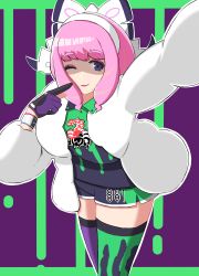 Rule 34 | 1girl, absurdres, bow, coat, collared shirt, creatures (company), dynamax band, feet out of frame, fur coat, game freak, gloves, hair bow, highres, klara (pokemon), lipstick, looking at viewer, makeup, mole, mole under mouth, nintendo, one eye closed, pink hair, pointing, pointing at self, pokemon, pokemon swsh, shirt, short hair, short shorts, shorts, single glove, white coat