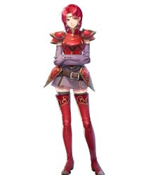 Rule 34 | 1girl, armor, belt, black thighhighs, boots, breastplate, circlet, crossed arms, dress, earrings, elbow gloves, female focus, fire emblem, fire emblem: the binding blade, fire emblem heroes, full body, gloves, highres, jewelry, kiyu (zuyu), looking at viewer, matching hair/eyes, melady (fire emblem), nintendo, official art, purple dress, red armor, red eyes, red hair, shiny clothes, short dress, short hair, shoulder armor, skindentation, skirt, sleeveless, smile, solo, standing, thigh boots, thighhighs, thighhighs under boots, transparent background, white background, zettai ryouiki