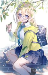Rule 34 | 1girl, animal, aqua necktie, backlighting, backpack, bag, black footwear, blonde hair, blue skirt, blush, collared shirt, glasses, highres, holding, holding animal, jacket, leaf, lizard, long hair, looking at viewer, miwano rag, necktie, on floor, open clothes, open jacket, open mouth, original, outdoors, pleated skirt, purple eyes, shirt, sitting, skirt, solo, stone floor, tree, white shirt, yellow jacket