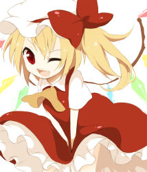 Rule 34 | 1girl, bad id, bad pixiv id, blonde hair, bow, fang, female focus, flandre scarlet, hat, one eye closed, red eyes, ribbon, rin (artist), rin (royal), side ponytail, solo, touhou, wings, wink