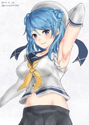 Rule 34 | 10s, 1girl, arm up, armpits, blue eyes, blue hair, blush, breasts, dated, double bun, elbow gloves, gloves, hair bun, hat, highres, kantai collection, large breasts, looking at viewer, matching hair/eyes, navel, neckerchief, nozoyuki, pleated skirt, sailor hat, school uniform, serafuku, simple background, sketch, skirt, sleeves rolled up, smile, solo, twitter username, urakaze (kancolle), white hat, yellow neckerchief