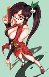 Rule 34 | 1girl, arc system works, bare shoulders, black bra, black hair, blazblue, blazblue: calamity trigger, blush, bra, breasts, china dress, chinese clothes, cleavage, detached sleeves, dress, female focus, full body, glasses, hair over one eye, lao jiu, large breasts, lingerie, litchi faye ling, long hair, makoto senou, ponytail, red eyes, solo, staff, underwear