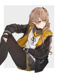 Rule 34 | 1girl, absurdres, bad id, bad pixiv id, black gloves, book, brown eyes, brown hair, closed mouth, fingerless gloves, flat chest, girls&#039; frontline, gloves, highres, jacket, kumanoko, long hair, long sleeves, looking to the side, pantyhose, scar, scar across eye, scar on face, side ponytail, simple background, skirt, ump45 (girls&#039; frontline), white background
