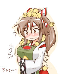 Rule 34 | &gt; &lt;, 10s, 1girl, animal, animal on head, bird, blush, breast padding, brown hair, chick, closed eyes, commentary request, flying sweatdrops, hachimaki, hakama, hakama skirt, headband, high ponytail, japanese clothes, kantai collection, konokiya, long hair, long sleeves, meme, nose blush, on head, ponytail, red skirt, simple background, skirt, solo, tears, too many, trembling, wavy mouth, wide sleeves, zuihou (kancolle)