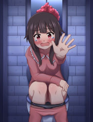Rule 34 | 1girl, black hair, blush, bow, bow panties, brick wall, clothes pull, collarbone, embarrassed, female focus, gunshou, highres, kono subarashii sekai ni shukufuku wo!, long hair, long sleeves, looking at viewer, megumin, no pussy, on toilet, open mouth, outstretched hand, panties, pants, pants pull, panty pull, red eyes, sitting, solo, tears, toilet, toilet use, underwear, window