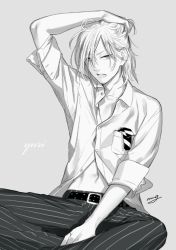 Rule 34 | 1boy, amg (nwmnmllf), artist name, character name, collared shirt, greyscale, hand on own head, indian style, male focus, midriff, monochrome, navel, open mouth, pants, shirt, sitting, solo, striped clothes, striped pants, yuri!!! on ice, yuri plisetsky