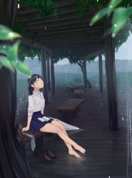 Rule 34 | 1girl, arms at sides, bad id, bad tumblr id, bag, barefoot, bench, black hair, blue skirt, blurry, book, closed eyes, closed umbrella, collared shirt, depth of field, facing away, fuyuno kamome, highres, leaf, loafers, long hair, necktie, unworn necktie, open book, original, outdoors, parted lips, pleated skirt, rain, school bag, school uniform, shirt, shoes, unworn shoes, sitting, skirt, sleeves rolled up, solo, trellis, umbrella, wet, wet hair, white shirt, wooden floor