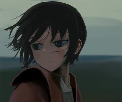 Rule 34 | 1girl, absurdres, akts625, beach, black hair, blurry, blurry background, blush, brown coat, close-up, closed mouth, coat, commentary, dress shirt, expressionless, eyelashes, floating hair, green eyes, hair strand, highres, kino (kino no tabi), kino no tabi, looking away, messy hair, ocean, overcast, portrait, shirt, short hair, sky, solo, tomboy, twilight, white shirt, wind
