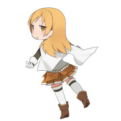 Rule 34 | 1girl, adapted costume, alternate hairstyle, blonde hair, boots, cape, chibi, cosplay, female focus, from behind, full body, gloves, hair down, long hair, magical girl, mahou shoujo madoka magica, mahou shoujo madoka magica (anime), miki sayaka, miki sayaka (cosplay), simple background, skirt, solo, thighhighs, tomoe mami, tsuduya (knt31), white background, white gloves, white thighhighs, yellow eyes, zettai ryouiki