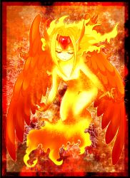 Rule 34 | 1990s (style), 1boy, 3 eda, bad id, bad pixiv id, blonde hair, cardcaptor sakura, closed eyes, clow card, colored skin, feathered wings, fire, firey (clow card), male focus, pointy ears, retro artstyle, see-through, solo, tiara, wings, yellow skin
