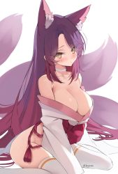 Rule 34 | 1girl, animal ears, bare shoulders, beyumi, blush, breasts, choker, cleavage, commentary, english commentary, fox ears, fox tail, gradient hair, highres, indie virtual youtuber, japanese clothes, large breasts, long hair, looking at viewer, multicolored hair, multiple tails, no panties, off shoulder, purple hair, sidelocks, sitting, solo, tail, thighhighs, tsurime, twitter username, very long hair, virtual youtuber, wariza, white thighhighs, yellow eyes