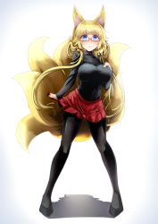 Rule 34 | 1girl, amino dopple, animal ear fluff, animal ears, bell, black footwear, black pantyhose, black shirt, blue eyes, blunt bangs, blush, breasts, closed mouth, covered navel, fox ears, fox tail, full body, grey background, hair bell, hair ornament, honami mikura (amino dopple), jingle bell, large breasts, legs apart, long hair, looking at viewer, low twintails, multiple tails, original, pantyhose, pleated skirt, red-framed eyewear, red skirt, semi-rimless eyewear, shirt, shoes, short eyebrows, skirt, solo, standing, tail, twintails, under-rim eyewear, very long hair