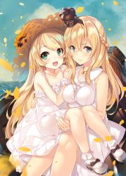 Rule 34 | 2girls, alternate costume, bare shoulders, blonde hair, blue eyes, blush, braid, breasts, commentary request, crown, dress, falling leaves, flat chest, green eyes, hair between eyes, half up braid, hat, highres, jervis (kancolle), jewelry, kantai collection, leaf, long hair, looking at viewer, machinery, mayusaki yuu, medium breasts, mini crown, multiple girls, necklace, ocean, open mouth, sitting, sitting on lap, sitting on person, sleeveless, sleeveless dress, smile, straw hat, warspite (kancolle), white dress