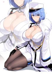 Rule 34 | 1girl, arm support, azur lane, belt, black gloves, black pantyhose, blue eyes, blue hair, blush, breasts, brown hair, chapayev (azur lane), cleavage, closed mouth, gloves, halcon, hat, heart, highres, jacket, large breasts, long hair, looking at viewer, military hat, miniskirt, mole, mole on breast, pantyhose, peaked cap, short hair, simple background, sitting, skirt, smile, solo, thighs, white background, white hat, white jacket, zoom layer
