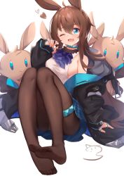 Rule 34 | 1girl, ;d, absurdres, amiya (arknights), arknights, bare shoulders, black jacket, blue eyes, blue neckwear, blue skirt, breasts, brown hair, brown pantyhose, commentary, fang, foreshortening, full body, hair between eyes, hand up, heart, highres, jacket, knees up, long hair, long sleeves, medium breasts, nahaki, off shoulder, one eye closed, open clothes, open jacket, open mouth, panties, panties under pantyhose, pantyhose, rabbit girl, shirt, sideboob, signature, simple background, skirt, sleeveless, sleeveless shirt, sleeves past wrists, smile, soles, solo, stuffed animal, stuffed rabbit, stuffed toy, underwear, very long hair, white background, white shirt