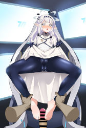 Rule 34 | 1girl, barefoot, blue archive, blush, cameltoe, cleft of venus, clothes lift, feet, footjob, hairband, himari (blue archive), leggings, long hair, looking at viewer, open mouth, pointy ears, sitting, skirt, skirt lift, toes
