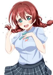 Rule 34 | 1girl, :d, adjusting hair, black skirt, blue shirt, blush, bow, bowtie, braid, breasts, commentary request, emma verde, freckles, green bow, green bowtie, green eyes, hand on own chest, highres, large breasts, love live!, love live! nijigasaki high school idol club, nijigasaki school uniform, open mouth, plaid, plaid skirt, pleated skirt, ranemu, red hair, school uniform, shirt, short hair, short sleeves, sidelocks, signature, simple background, skirt, smile, solo, summer uniform, teeth, twin braids, upper body, upper teeth only, white background