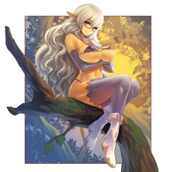 Rule 34 | 1girl, bikini, boots, border, branch, breast hold, breasts, brown eyes, covered erect nipples, detached collar, elbow gloves, elf, female focus, full body, glasses, gloves, grey hair, hand on own chest, in tree, kazto furuya, large breasts, legs together, light smile, long hair, micro bikini, moss, original, outside border, pointy ears, purple gloves, purple thighhighs, red-framed eyewear, red border, semi-rimless eyewear, sitting, sitting in tree, solo, swimsuit, thighhighs, tree, under-rim eyewear, very long hair, wavy hair, white footwear