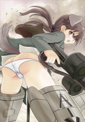 Rule 34 | 1girl, animal ears, ass, bad id, bad pixiv id, brown eyes, brown hair, butt crack, dog ears, gertrud barkhorn, gun, hamoto, highres, long hair, panties, solo, strike witches, striker unit, trefoil, twintails, underwear, weapon, white panties, world witches series
