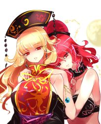 Rule 34 | 2girls, bare shoulders, blonde hair, bra, breasts, chain, cleavage, commentary request, detached sleeves, dress, earrings, gold chain, hands on another&#039;s shoulders, headdress, hecatia lapislazuli, highres, jewelry, junko (touhou), large breasts, leaning on person, long hair, looking at viewer, medium hair, multiple girls, no nose, one-hour drawing challenge, parted lips, pointy ears, raptor7, red eyes, red hair, sash, tabard, touhou, underwear, upper body, yuri