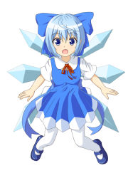 Rule 34 | 1girl, bad id, bad pixiv id, blue eyes, blue hair, blush, bow, cirno, embodiment of scarlet devil, female focus, full body, hair bow, mashiri, matching hair/eyes, open mouth, pantyhose, ribbon, short hair, simple background, solo, touhou, white background, wings