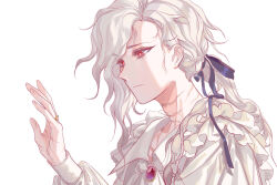 Rule 34 | 1boy, blue ribbon, dress shirt, easel (dam0628), edmond dantes (fate), fate/grand order, fate (series), frills, gem, hair over one eye, hair ribbon, jewelry, looking at hand, medium hair, ponytail, red eyes, ribbon, ring, scar, scar on chest, scar on hand, scar on neck, shirt, simple background, solo, upper body, white background, white hair, white shirt