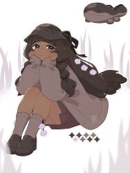 Rule 34 | 1girl, blunt bangs, brown eyes, brown footwear, brown hat, brown skirt, brown socks, clodsire, color guide, commentary, creature and personification, creatures (company), dark-skinned female, dark skin, english commentary, from side, full body, game freak, hands on own cheeks, hands on own face, hat, highres, jacequilart, legs together, loafers, long hair, long sleeves, looking at viewer, multi-tied hair, nintendo, personification, pokemon, pokemon (creature), shoes, short bangs, sidelocks, simple background, sitting, skirt, smile, socks, solo, white background
