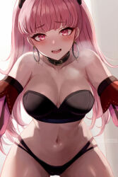 Rule 34 | 1girl, bare shoulders, belt, belt collar, black belt, black bra, black choker, black collar, blush, bra, breasts, choker, collar, collarbone, commentary, covered erect nipples, detached sleeves, earrings, english commentary, fire emblem, fire emblem: three houses, highres, hilda valentine goneril, hoop earrings, jewelry, large breasts, leonmandala, long hair, looking at viewer, navel, nintendo, open mouth, paid reward available, pink eyes, pink hair, red sleeves, smile, solo, steaming body, stomach, strapless, strapless bra, teeth, twintails, underwear, upper teeth only