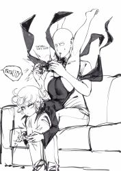 Rule 34 | 1boy, 1girl, ass, bald, between legs, bubble tea, controller, couple, cup, curly hair, feet, highres, lying on person, monochrome, one-punch man, playing games, saitama (one-punch man), tatsumaki, video game