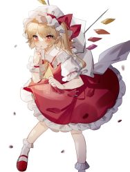 Rule 34 | 1girl, :o, ascot, blonde hair, blurry, blush, bobby socks, bow, breasts, commentary request, crystal, finger to mouth, flandre scarlet, foot out of frame, frilled shirt collar, frills, hat, hat bow, highres, leaning forward, looking at viewer, mary janes, medium hair, mob cap, one side up, petticoat, pointy ears, puffy short sleeves, puffy sleeves, red bow, red eyes, red footwear, red skirt, red vest, shirt, shoes, short sleeves, simple background, skirt, skirt set, small breasts, socks, solo, sorani (kaeru0768), touhou, vest, white background, white hat, white shirt, wings, wrist cuffs, yellow ascot