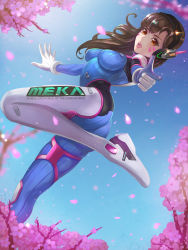 Rule 34 | 1girl, absurdres, ass, baobingyazi, bodysuit, breasts, brown eyes, brown hair, cherry blossoms, clothes writing, d.va (overwatch), day, facial mark, finger gun, gloves, headphones, high collar, highres, large breasts, leg up, long hair, looking at viewer, outstretched arms, overwatch, overwatch 1, petals, pink lips, pointing, pointing at viewer, skin tight, solo, whisker markings, white gloves