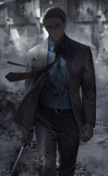 Rule 34 | 1boy, arms at sides, belt, blood, blood on clothes, blood on face, blood splatter, blue shirt, brown hair, brown necktie, closed mouth, collared shirt, cowboy shot, dress shirt, formal, grey jacket, grey pants, grey suit, highres, holding, holding sword, holding weapon, jacket, jujutsu kaisen, kuro (grf), long sleeves, looking at viewer, male focus, monster, nanami kento, necktie, pants, shirt, short hair, solo, suit, sunglasses, sword, walking, weapon