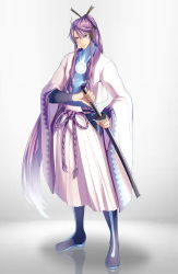 Rule 34 | 1boy, absurdres, belt, blue footwear, bodysuit, bodysuit under clothes, boots, commentary, commission, english commentary, full body, glowing, glowing bodysuit, hair ornament, hair stick, hakama, hakama pants, haori, headphones, highres, holding, holding sheath, holding sword, holding weapon, jacket, japanese clothes, kamui gakupo, katana, knee boots, long hair, looking at viewer, male focus, microphone, mixed-language commentary, pants, ponytail, purple hair, reflection, rope belt, samurai, sheath, sheathed, sidelocks, smile, solo, sword, vocaloid, weapon, white background, white hakama, white jacket, wide sleeves, yen-mi