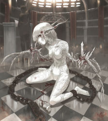Rule 34 | 1girl, ankle cuffs, arms behind back, barefoot, bdsm, blood, bondage, bound, chain, checkered floor, chess piece, floor, horns, imoman, monster girl, nude, on floor, original, red eyes, short hair, sitting, solo, tattoo, toenails, toes, wariza, wings