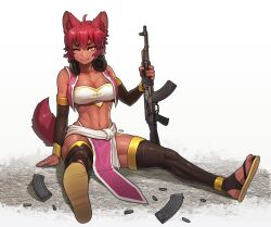 Rule 34 | 1girl, ahoge, akm, animal ears, artist name, assault rifle, breasts, cleavage, commission, detached sleeves, fang, full body, gun, hair between eyes, headphones, headphones around neck, highres, holding, holding gun, holding weapon, jewelry, kalashnikov rifle, large breasts, looking at viewer, magazine (weapon), midriff, navel, on ground, one eye closed, orange eyes, original, pgm300, red hair, rifle, ring, sandals, shell casing, short hair, sitting, smile, solo, tail, thighhighs, toeless legwear, watermark, weapon