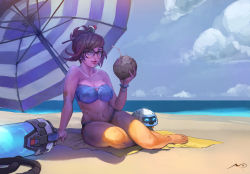 Rule 34 | 1girl, bare shoulders, barefoot, beach, beach towel, beads, bikini, breasts, brown eyes, brown hair, cleavage, coconut, drinking straw, feet, fruit cup, glasses, hair bun, hair ornament, hair stick, hairpin, highres, large breasts, looking at viewer, marc brunet, medium breasts, mei (overwatch), ocean, overwatch, overwatch 1, plump, robot, sand, shade, single hair bun, sitting, snowball (overwatch), solo, stomach, swimsuit, towel, umbrella, wide hips