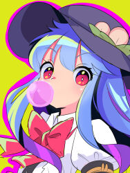 Rule 34 | 1girl, black headwear, blue hair, bow, bowtie, blowing bubbles, candy, center frills, chewing gum, collared shirt, commentary request, food, frills, green background, gumball, harakune (mugennero), highres, hinanawi tenshi, long hair, looking at viewer, one-hour drawing challenge, peach hat ornament, red bow, red bowtie, red eyes, shirt, sidelocks, simple background, solo, touhou, upper body, very long hair, white shirt