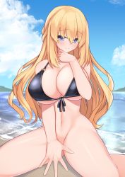 Rule 34 | 1girl, bare shoulders, bikini, bikini top only, black bikini, blonde hair, blue eyes, blush, braid, breasts, cleavage, cloud, cloudy sky, covering privates, covering crotch, day, dura, feet out of frame, hair between eyes, highres, large breasts, long hair, looking at viewer, neptune (series), o-ring, o-ring top, ocean, outdoors, sitting, sky, smile, solo, swimsuit, vert (neptunia)